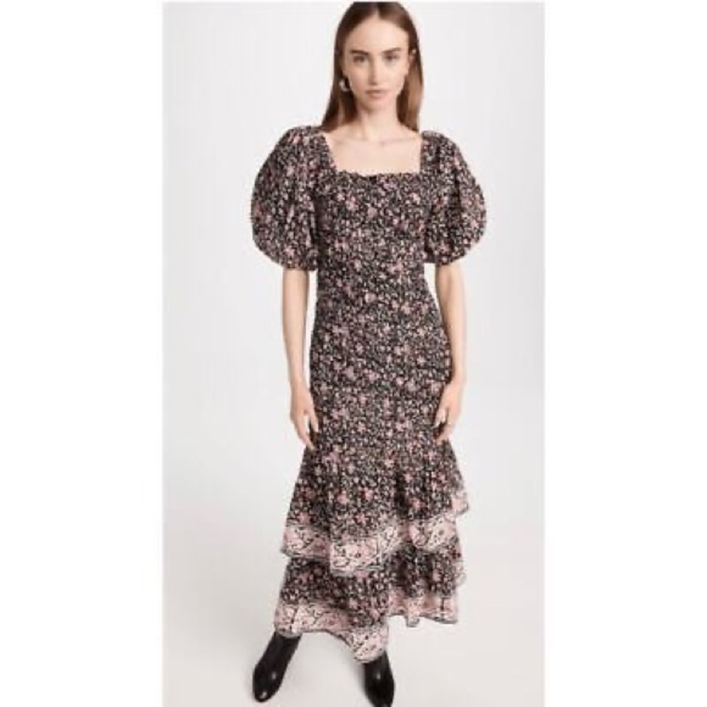 Cleobella Black Floral Maxi Dress with Pink and Cream Accents